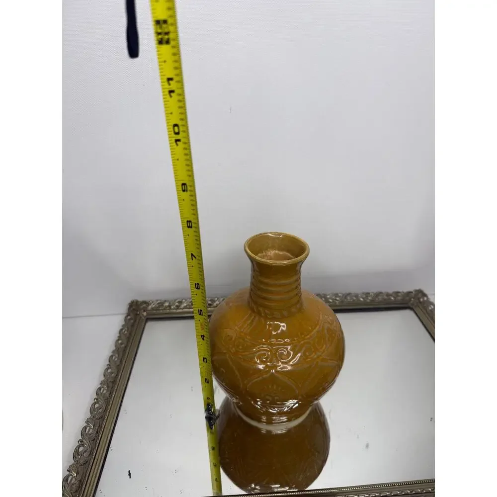 Vintage Handmade in Vietnam Mustard Yellow Vase with Incised Designs